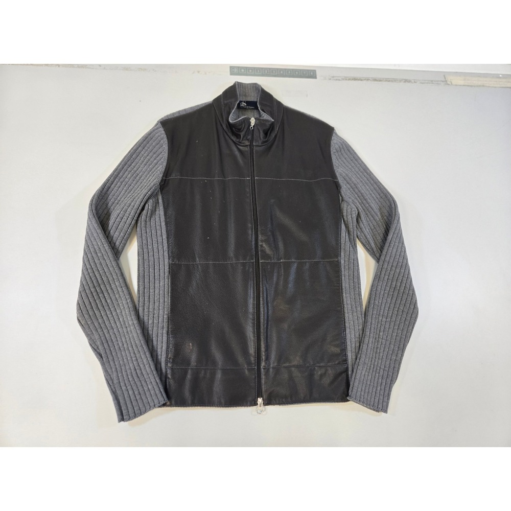 Gran Sasso Mens Virgin Wool Ribbed Full Zip Cardigan Leather Front Made in Italy